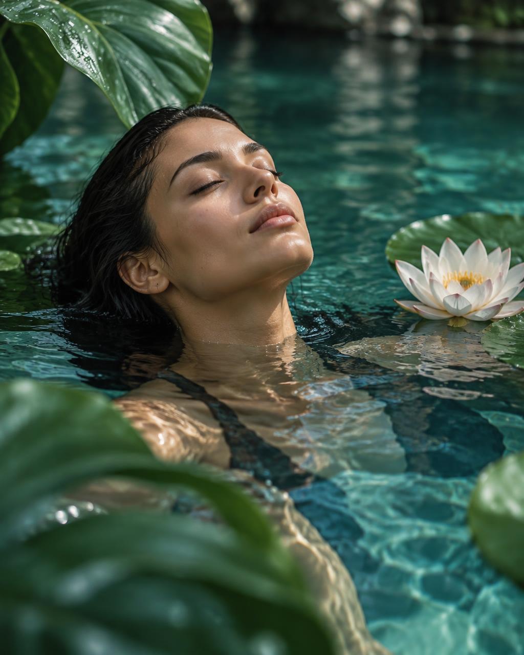 Mulher em estado contemplativo, de olhos fechados, repousando em água cristalina entre folhas e uma flor de lótus